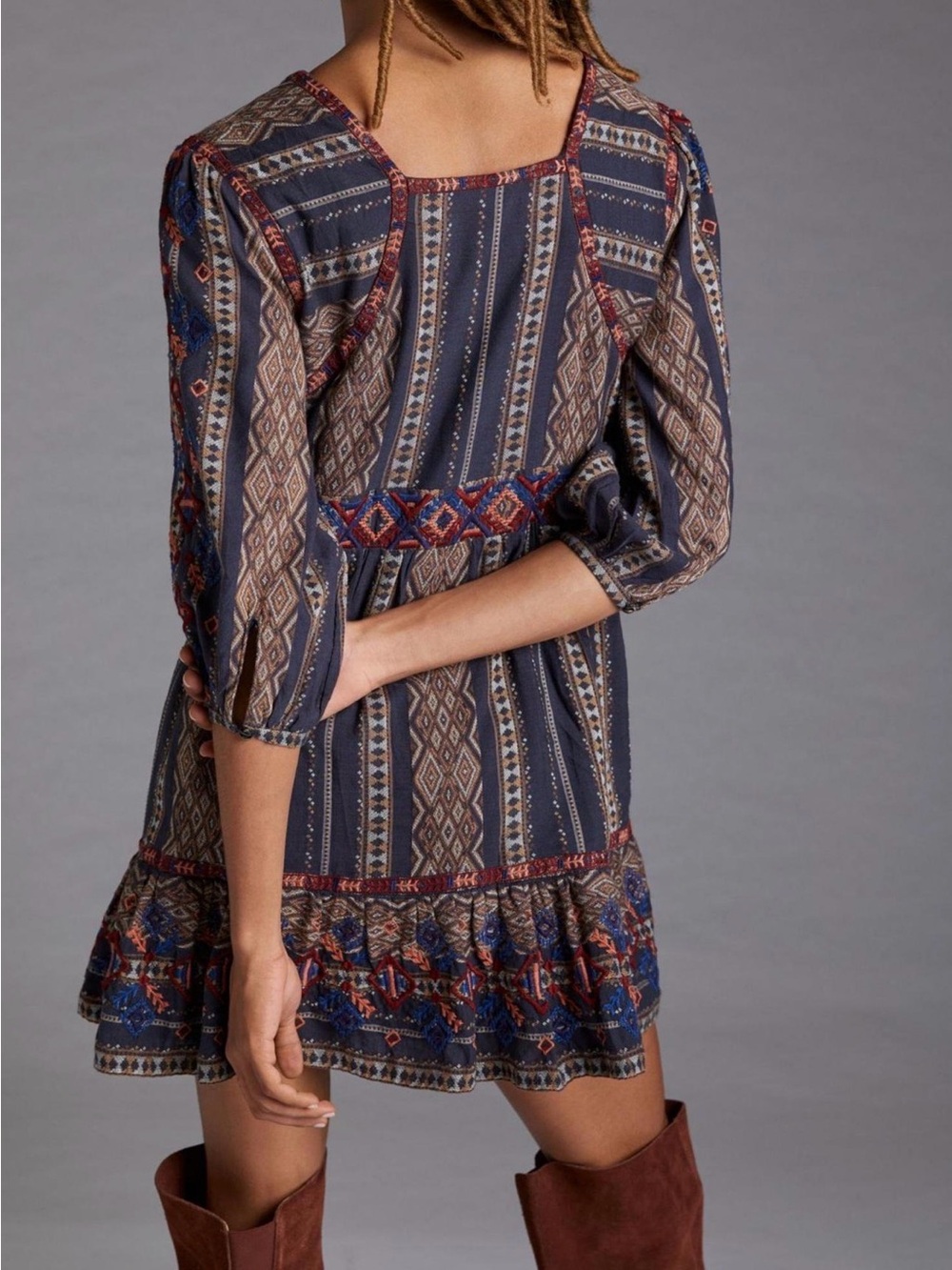 Anthropologie Navy Multi-Print V-Neck Embroidered Tunic Dress - Picture 3 of 9